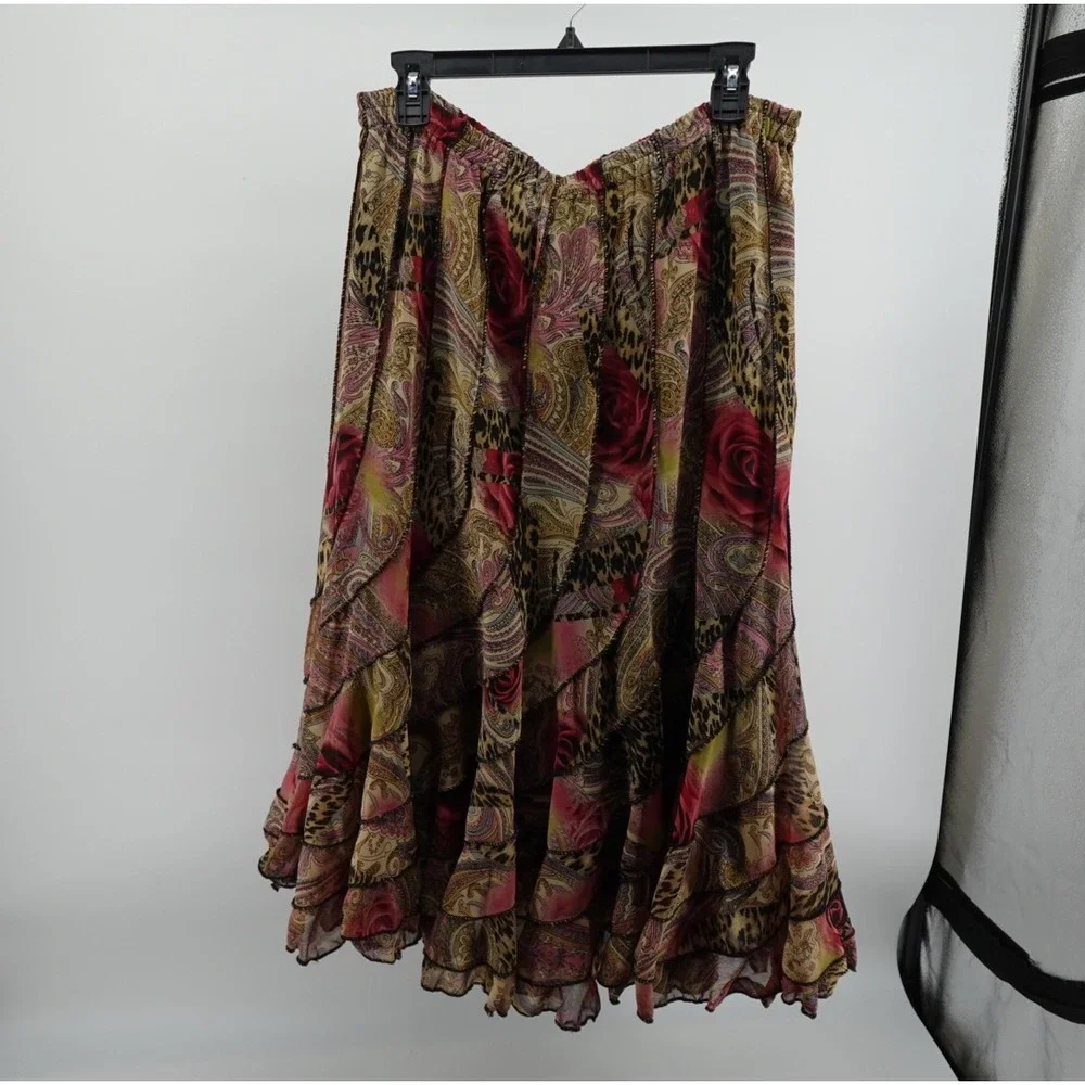 Tease Mixed Print Tiered Midi Skirt Floral Paisley Leopard Boho Pink Large